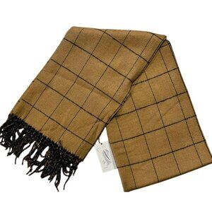 Plaid Tan & Black Fringed Scarf One Size Warm Cozy Soft Lightweight Accessory Gi